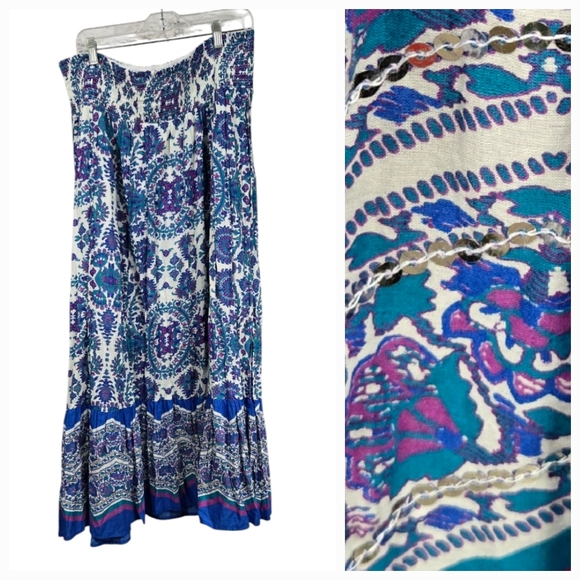 Lane Bryant 18/20 Women’s Gypsy Peasant Sequined Maxi Skirt Blue Paisley Boho - Picture 1 of 11